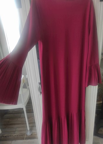 Bordo Uzun Kollu Piliseli Uzun Elbise - Görsel 3