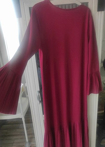 Bordo Uzun Kollu Piliseli Uzun Elbise - Görsel 4