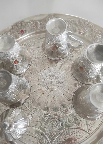 İşlemeli Gümüş Tepsi ve Kahve Seti - Görsel 4