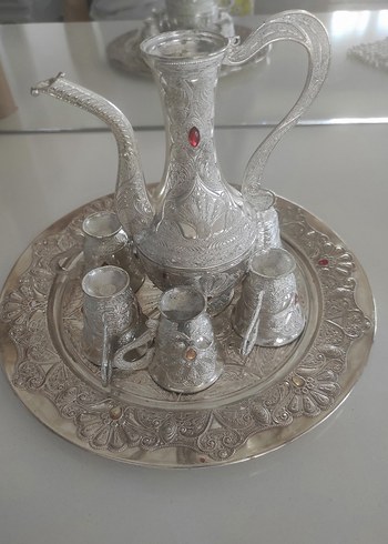 İşlemeli Gümüş Tepsi ve Kahve Seti - Görsel 7