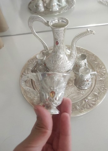 İşlemeli Gümüş Tepsi ve Kahve Seti - Görsel 3