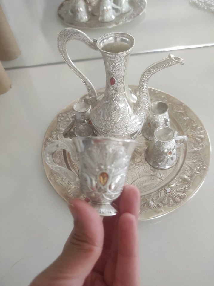 İşlemeli Gümüş Tepsi ve Kahve Seti - Görsel 3