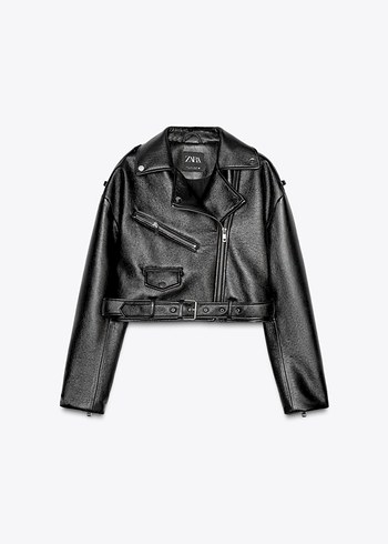 Kadın Siyah Kemerli Biker Deri Ceket