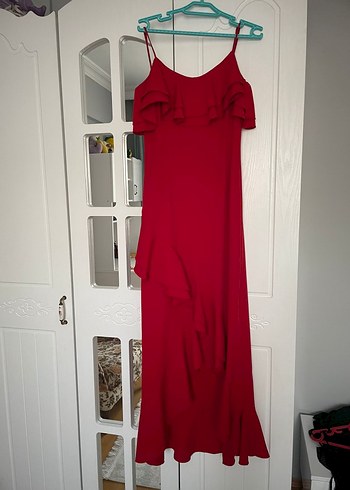 Kırmızı Drapeli Uzun Abiye Elbise - Görsel 3