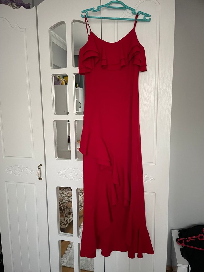 Kırmızı Drapeli Uzun Abiye Elbise - Görsel 3