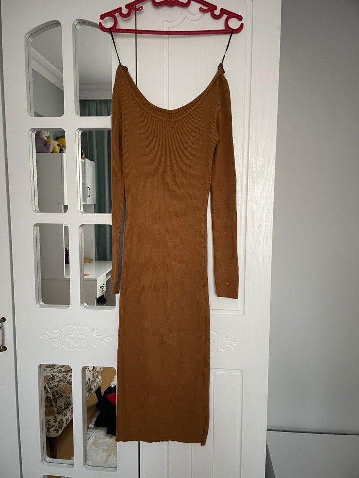 Kahverengi Uzun Kollu Triko Elbise - Görsel 2
