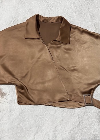 Drapeli Bej Saten Kadın Bluz - Görsel 3