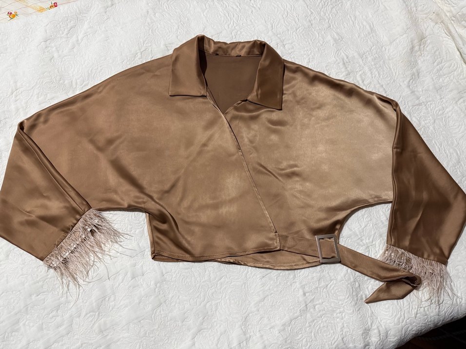 Drapeli Bej Saten Kadın Bluz - Görsel 3