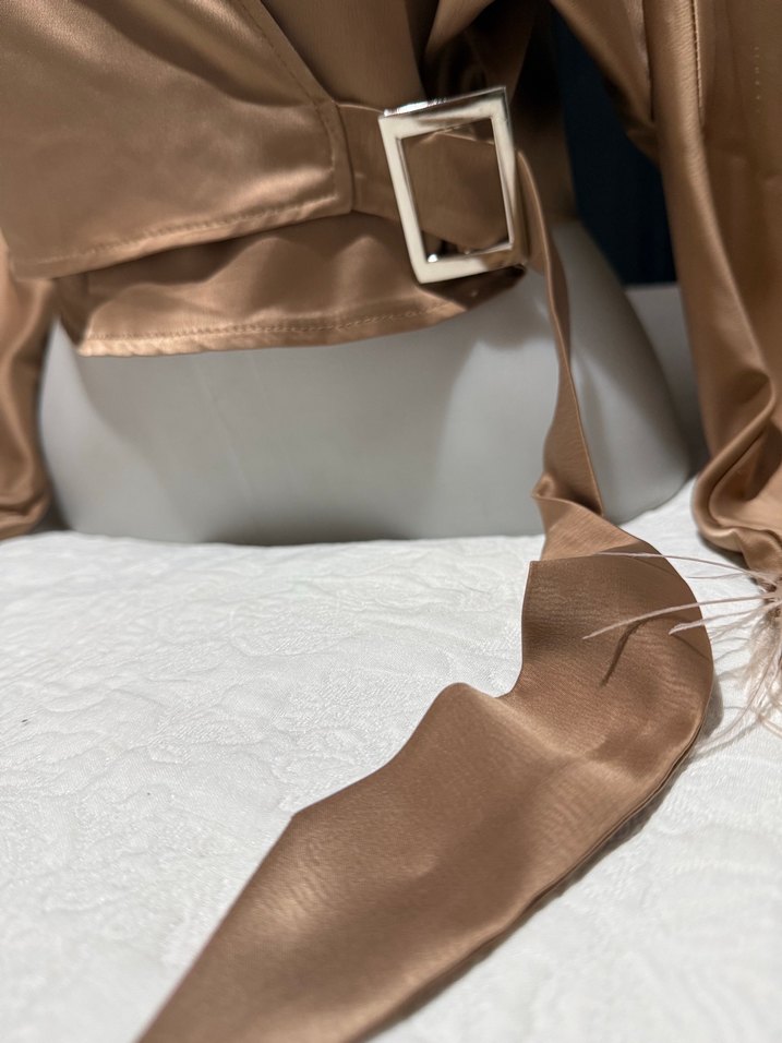 Drapeli Bej Saten Kadın Bluz - Görsel 5