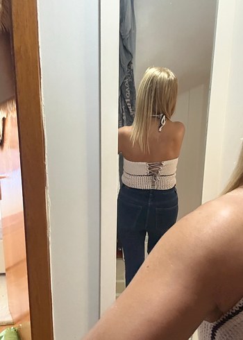 V Yaka Örgü ,Açık bej Mini Kadın Bluz - Görsel 7