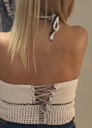 V Yaka Örgü ,Açık bej Mini Kadın Bluz - Görsel 4