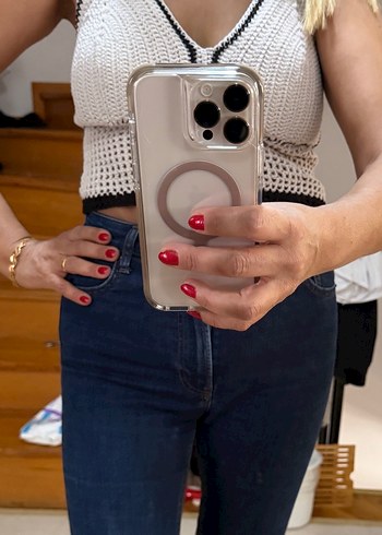 V Yaka Örgü ,Açık bej Mini Kadın Bluz - Görsel 2