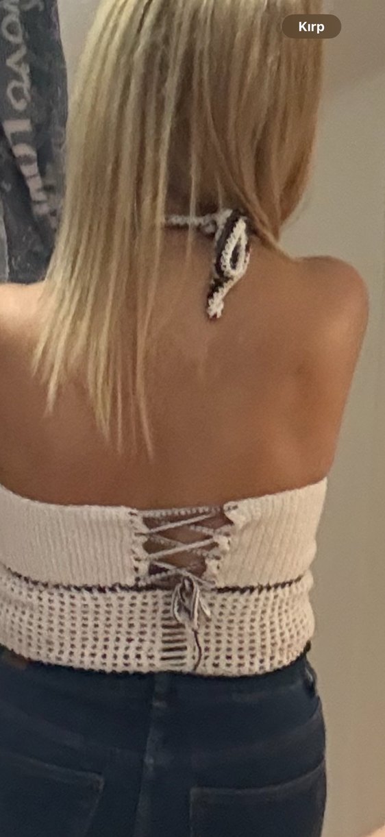 V Yaka Örgü ,Açık bej Mini Kadın Bluz - Görsel 4