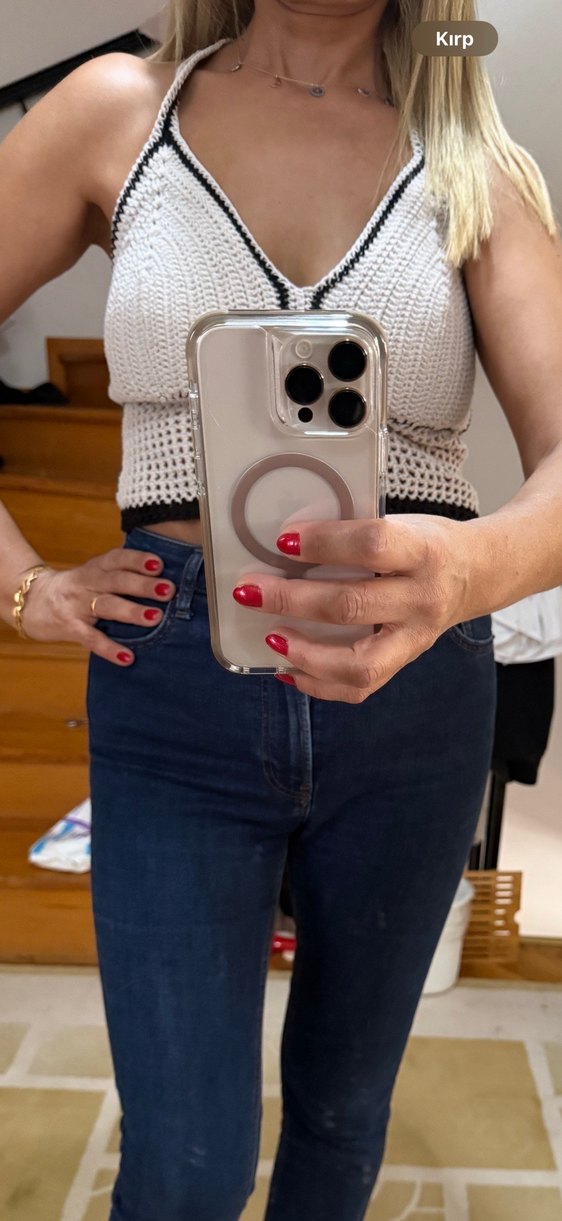 V Yaka Örgü ,Açık bej Mini Kadın Bluz - Görsel 2