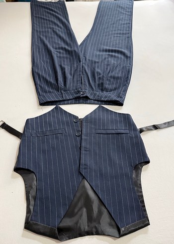 Koton Çizgili Lacivert Denim Kadın Yelek ve Pantolon Takım - Görsel 2