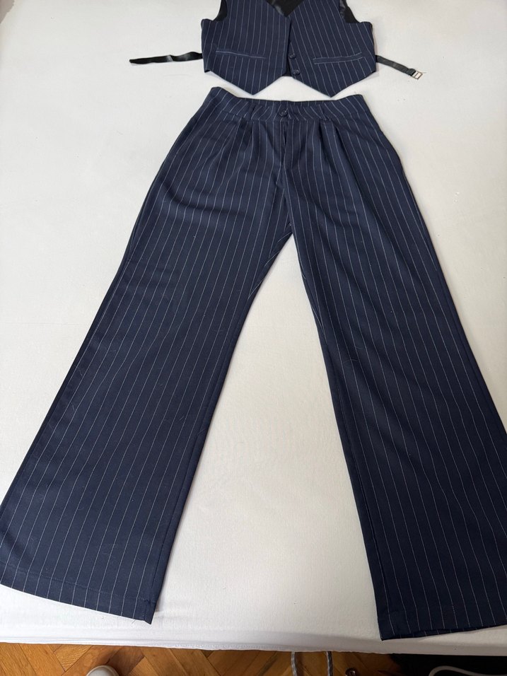 Koton Çizgili Lacivert Denim Kadın Yelek ve Pantolon Takım - Görsel 3