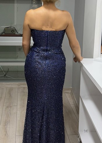 Lacivert Drapeli Straplez Uzun Abiye Elbise - Görsel 3