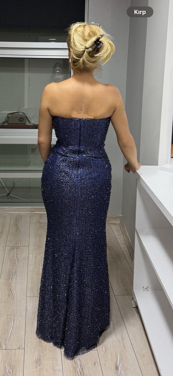 Lacivert Drapeli Straplez Uzun Abiye Elbise - Görsel 3