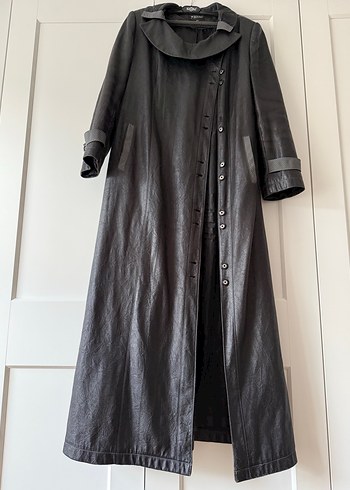 Siyah Suni Deri ,Yandan düğme detaylı Uzun Trençkot - Görsel 10