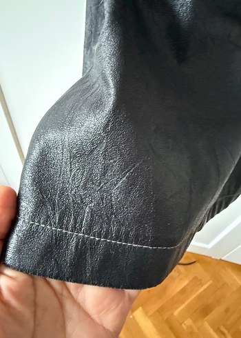 Siyah Suni Deri ,Yandan düğme detaylı Uzun Trençkot - Görsel 8