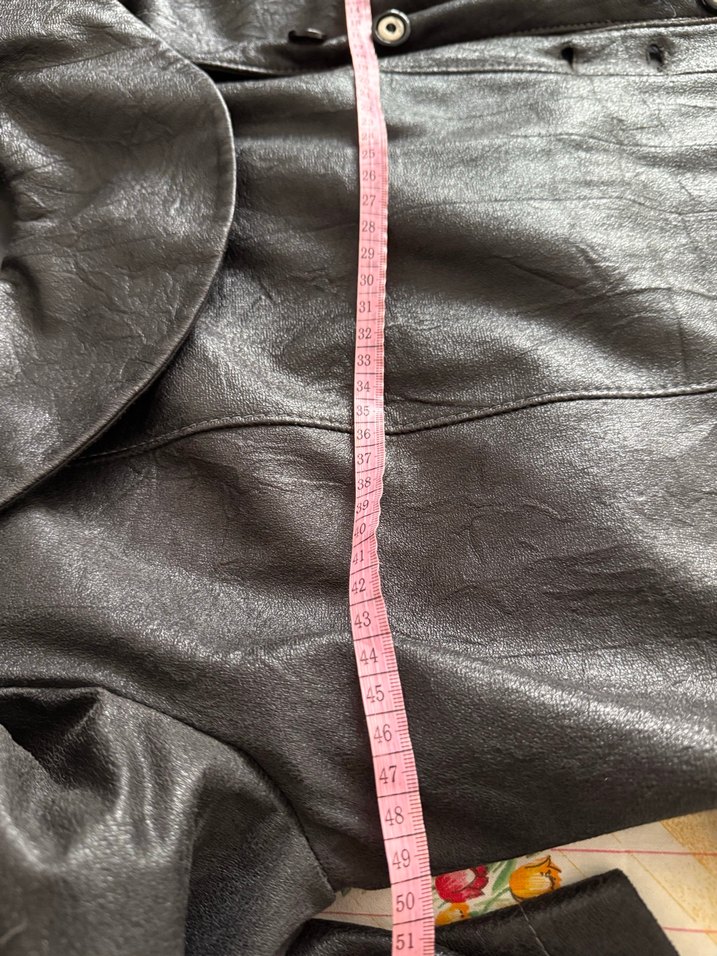 Siyah Suni Deri ,Yandan düğme detaylı Uzun Trençkot - Görsel 2