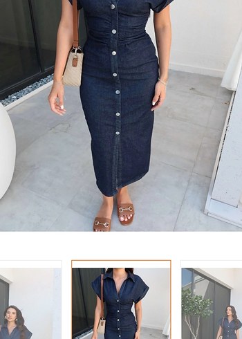 Düğmeli Lacivert Denim Uzun Elbise