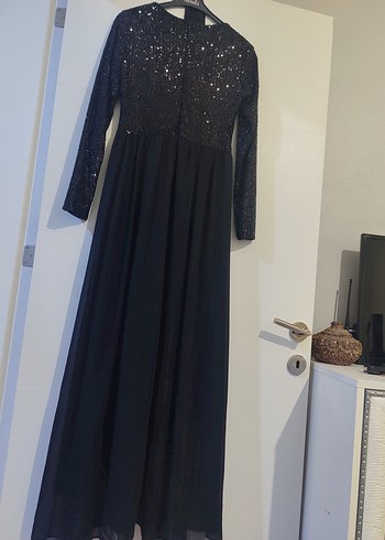 Siyah Uzun Kollu Drapeli Abiye Elbise - Görsel 2