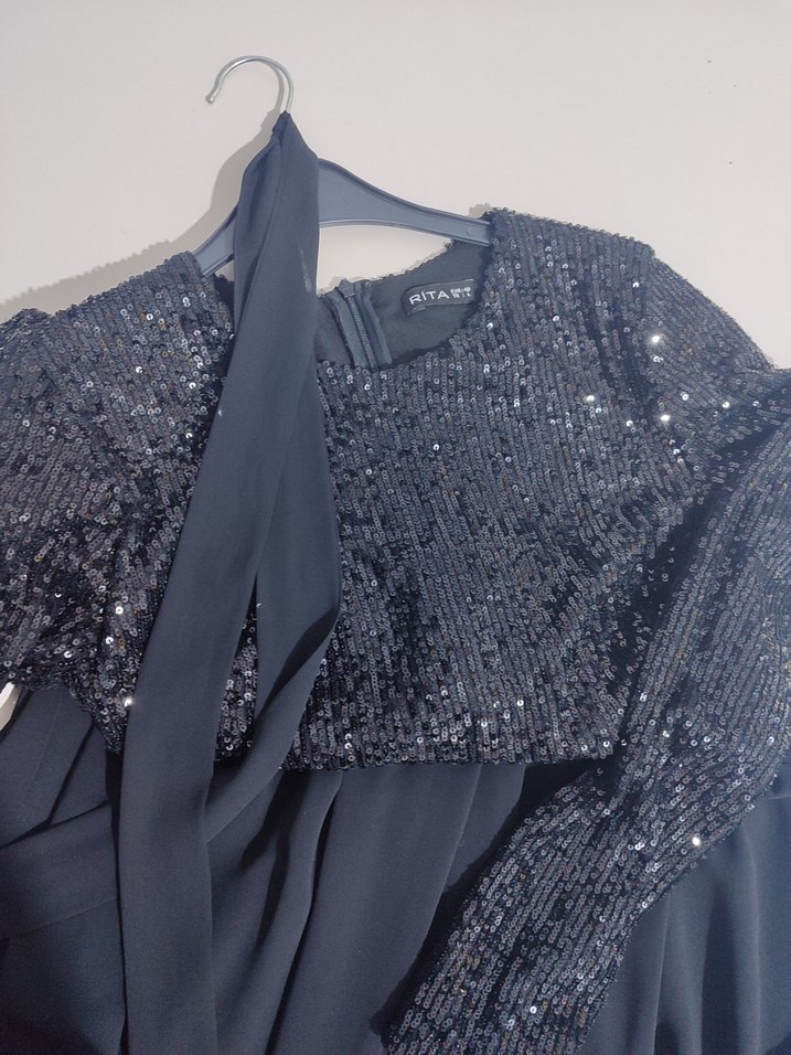 Siyah Uzun Kollu Drapeli Abiye Elbise - Görsel 3