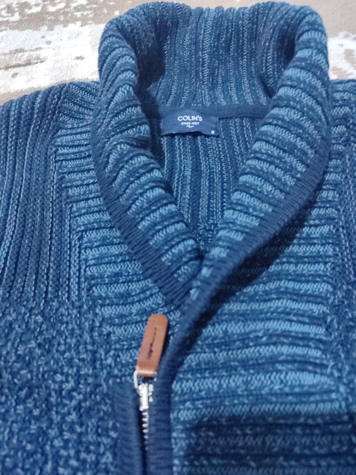 Erkek Mavi Örgü Boğazlı Hırka - Görsel 2