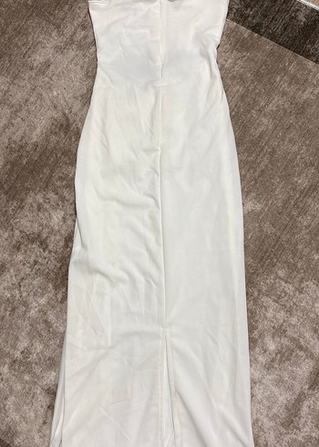 Beyaz Drapeli Straplez Uzun Elbise - Görsel 3