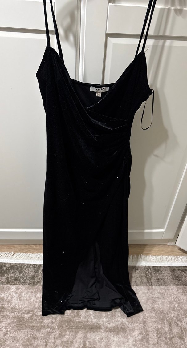 Siyah Drapeli Uzun V Yaka Kadın Elbise - Görsel 3