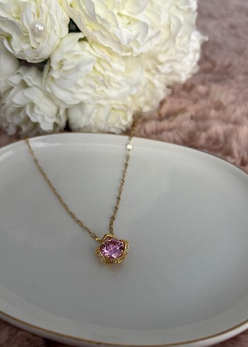 Pembe Parlak Çiçekli Midi Kolye
