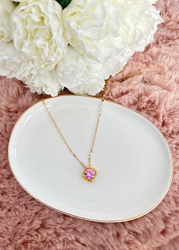 Pembe Parlak Çiçekli Midi Kolye