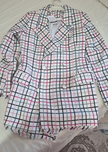 Düğmeli Ekoseli Kadın  Blazer - Görsel 3