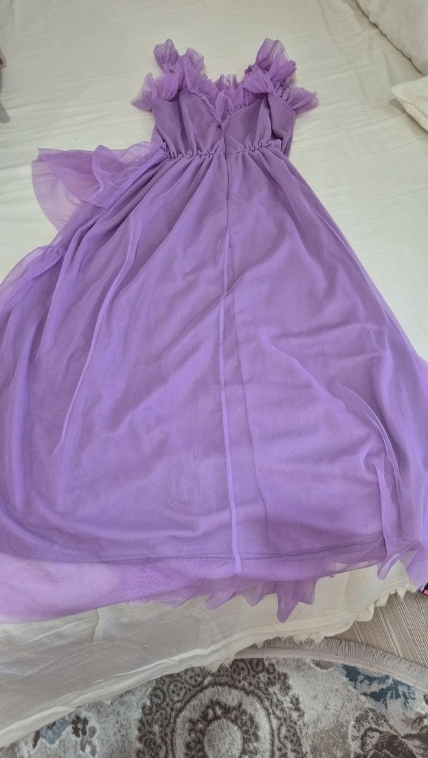 Uzun Mor Fırfırlı Bohem Abiye Elbise - Görsel 2