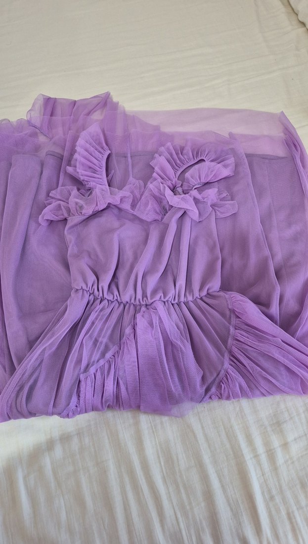 Uzun Mor Fırfırlı Bohem Abiye Elbise - Görsel 3