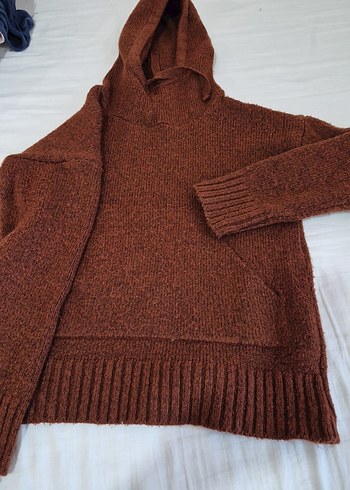 Kahverengi Kapüşonlu Örgü Kadın Kazak - Görsel 3