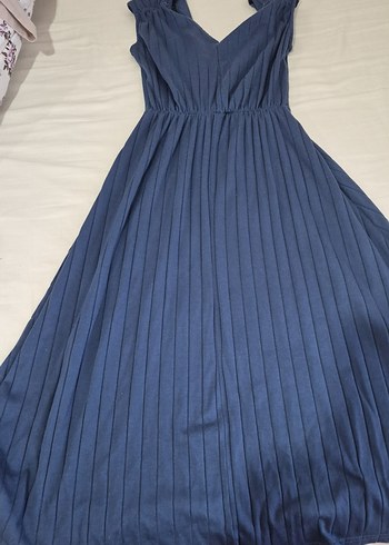 Lacivert Pilili Midi Keten Kadın Elbise - Görsel 4