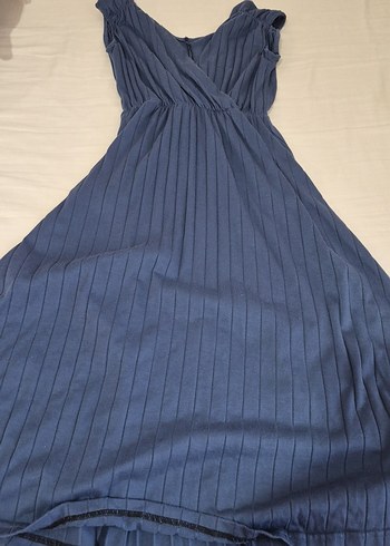 Lacivert Pilili Midi Keten Kadın Elbise - Görsel 2