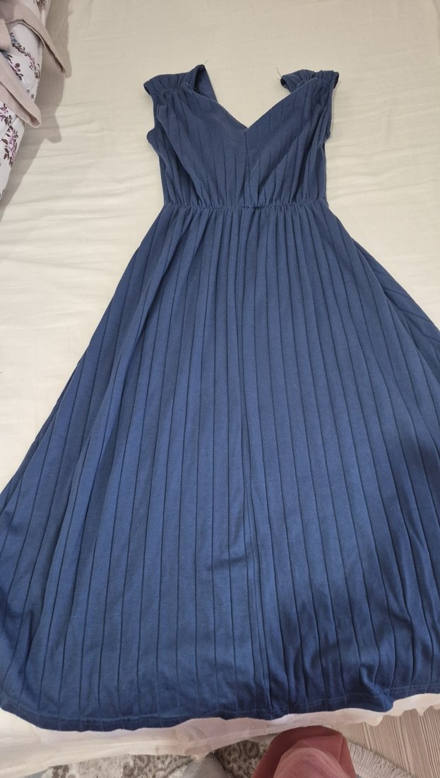 Lacivert Pilili Midi Keten Kadın Elbise - Görsel 4