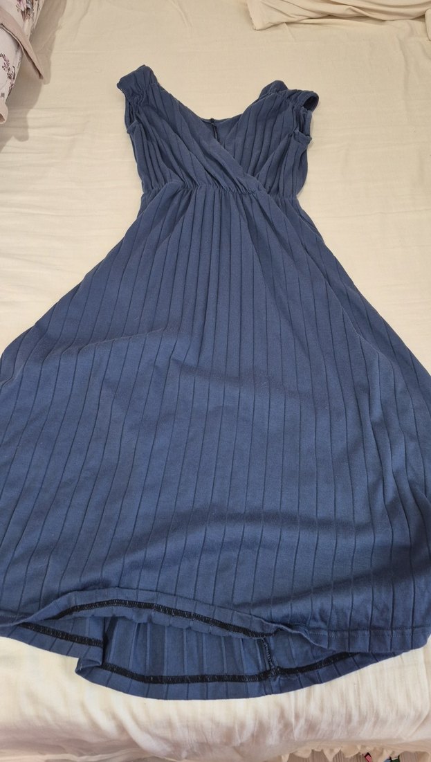 Lacivert Pilili Midi Keten Kadın Elbise - Görsel 3