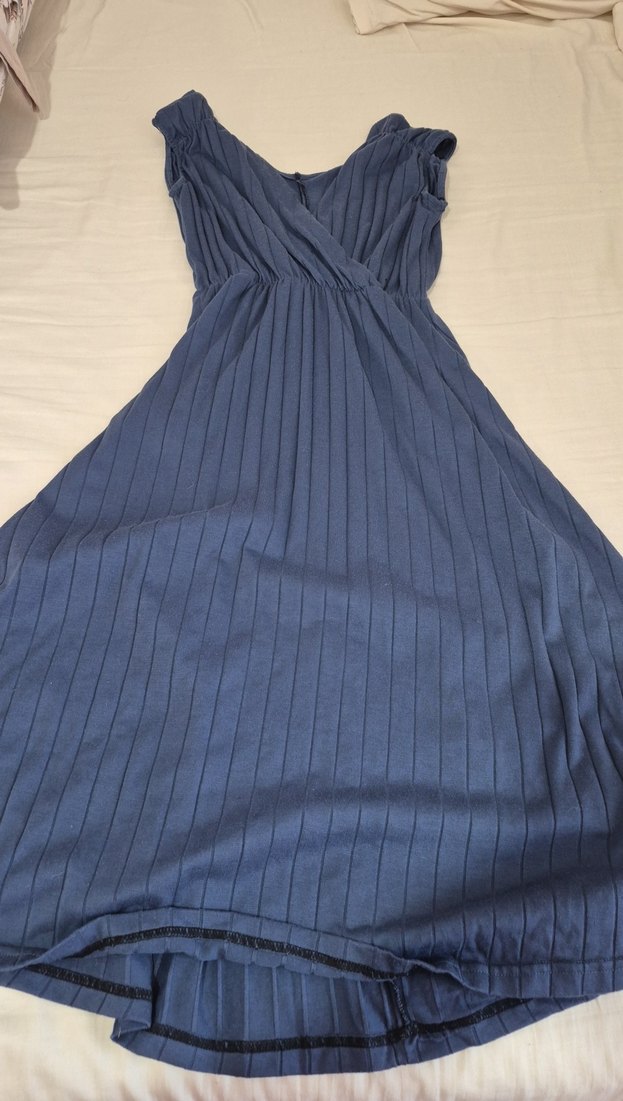 Lacivert Pilili Midi Keten Kadın Elbise - Görsel 2