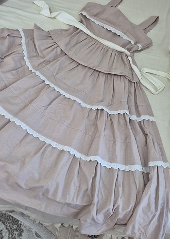 kadın Bej Keten Fırfırlı Elbise - Görsel 2