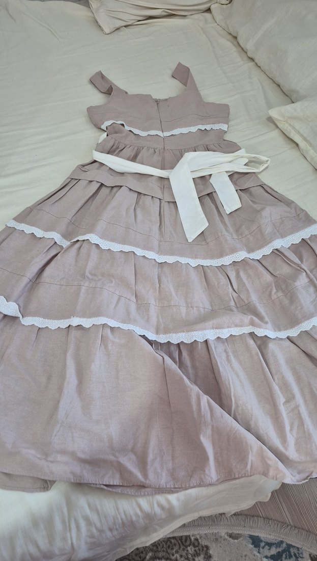 kadın Bej Keten Fırfırlı Elbise - Görsel 4