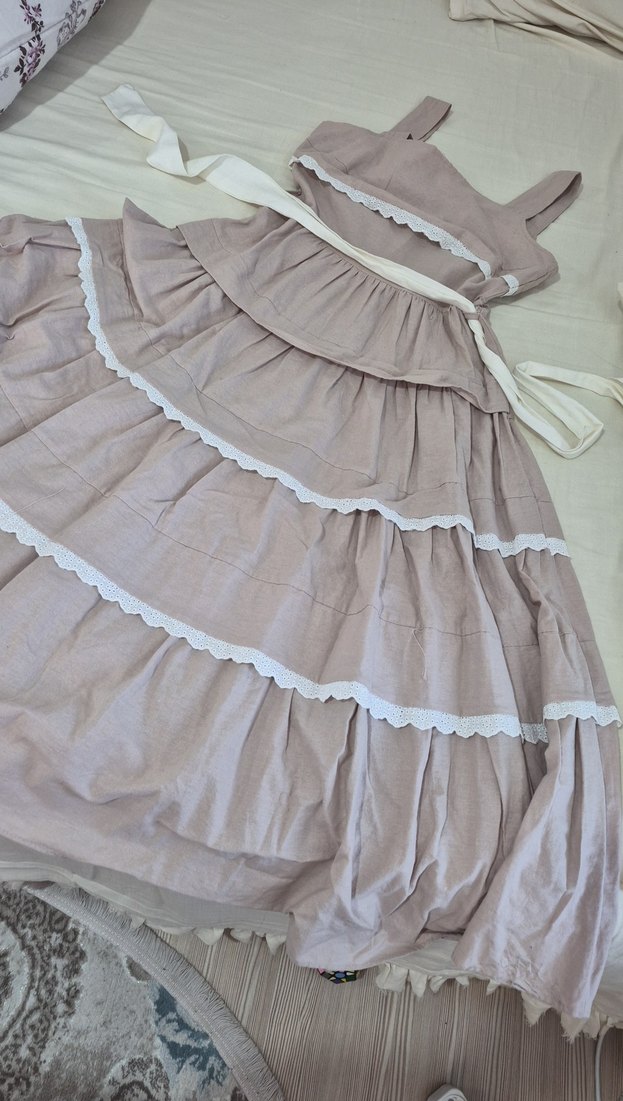 kadın Bej Keten Fırfırlı Elbise - Görsel 2