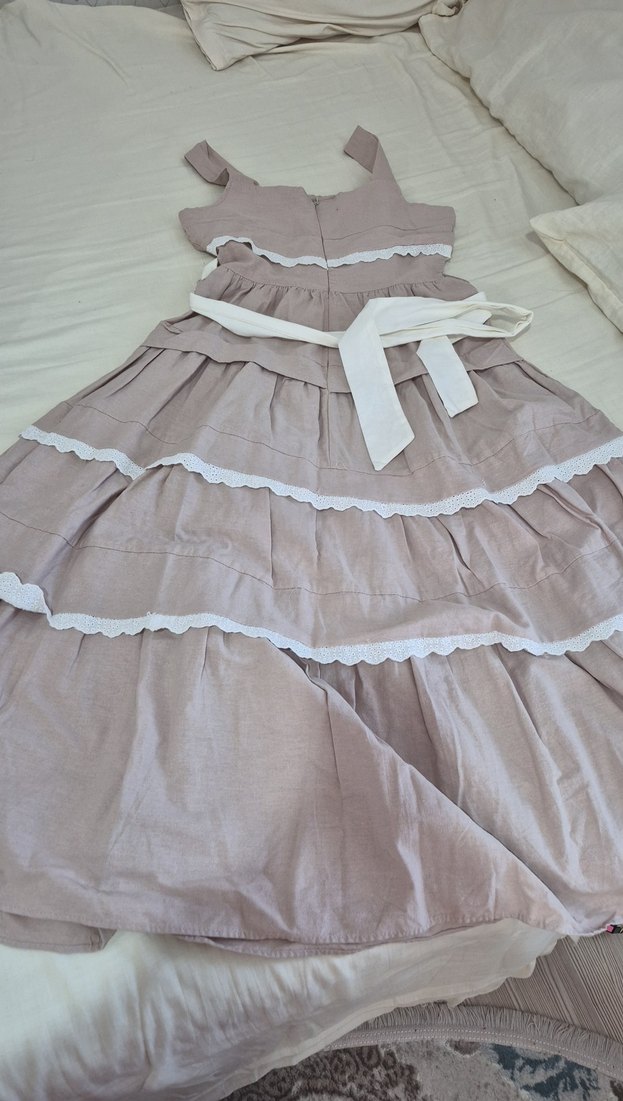 kadın Bej Keten Fırfırlı Elbise - Görsel 3