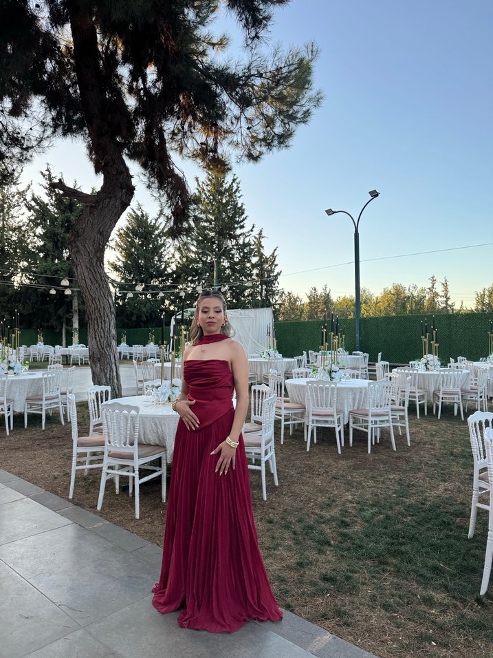 Bordo Drapeli Uzun Abiye Elbise - Görsel 3