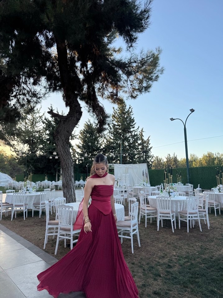 Bordo Drapeli Uzun Abiye Elbise - Görsel 4