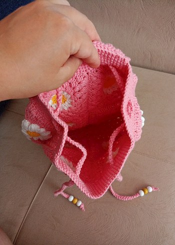 Çiçek Desenli Örgü Pembe Sırt Çantası - Görsel 5