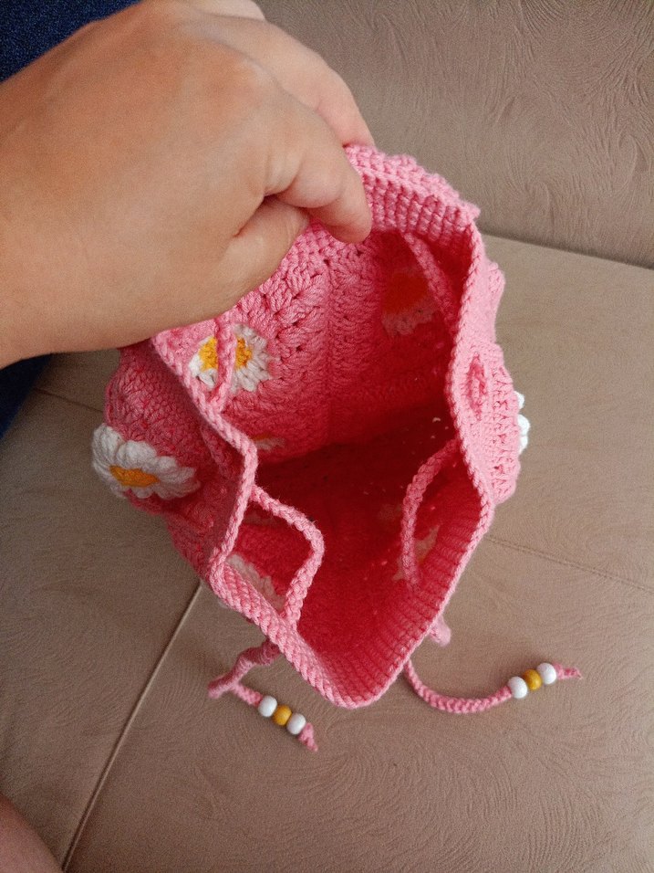 Çiçek Desenli Örgü Pembe Sırt Çantası - Görsel 5